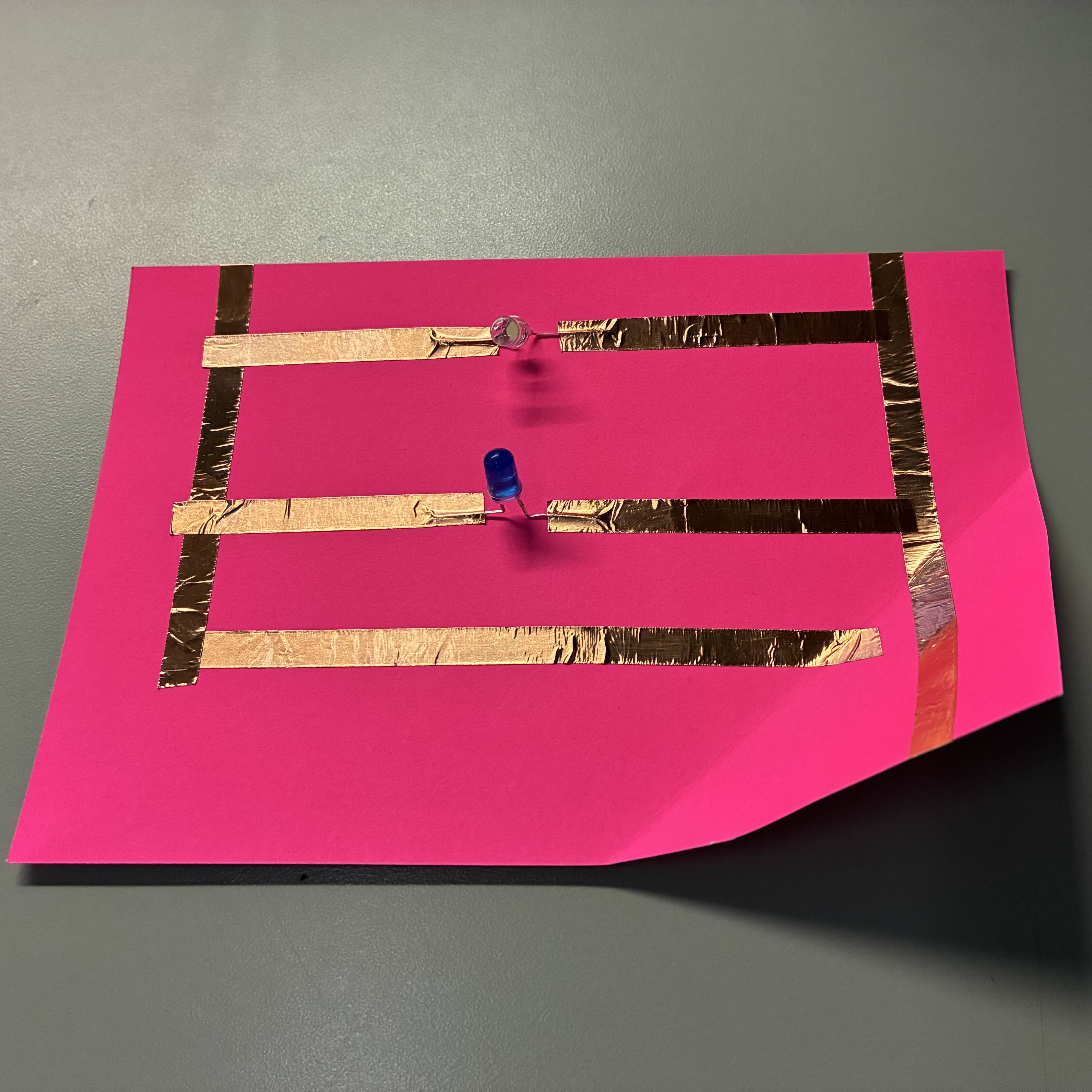 This is my parallel circuit at a lower angle to show the lights and how they are secured under the copper tape.