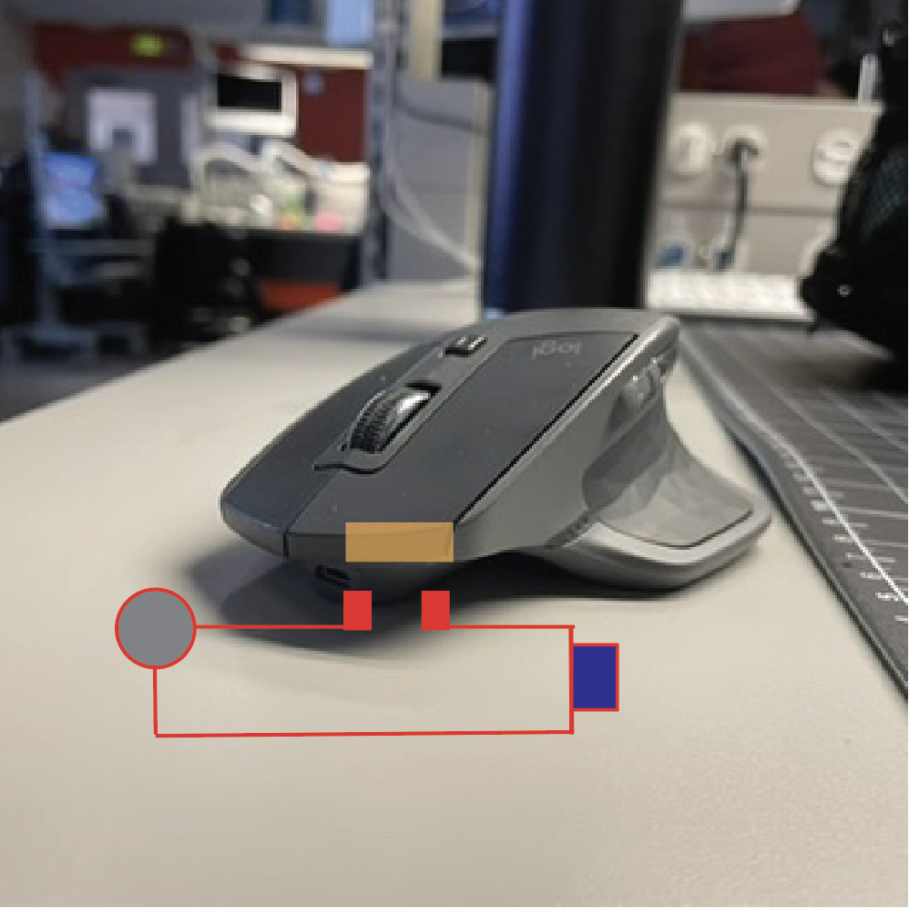This is someone's mouse that we chose to use as an example. There is copper between the crevice where the left-click is on the mouse. Connected to the bottom crevice is a wire that is also connected to the battery and LED light.