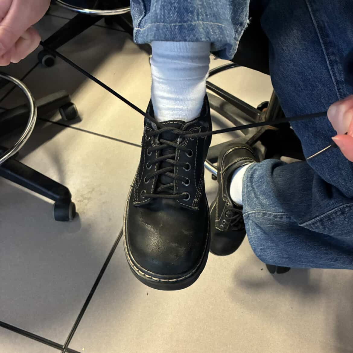 This is Sofia's shoe with the laces partially tied. We wanted to use tying shoe laces as the interaction for our activity 2. I couldn't figure out where I would put the battery and copper tape so I decided not to choose it for this activity.