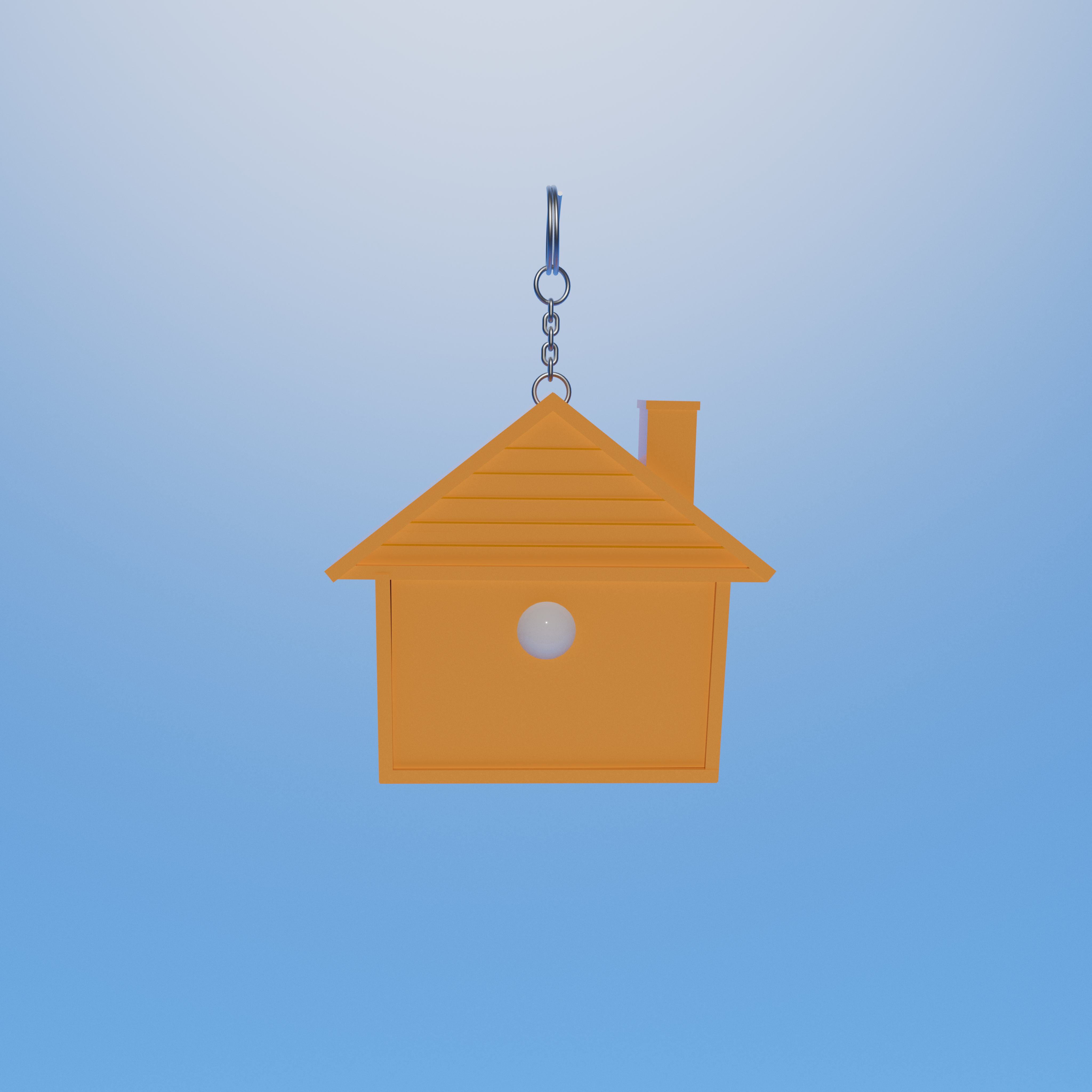An image of the house-shaped tape measure from the back as a rendered, coloured 3D model from an upper angle with a light blue background