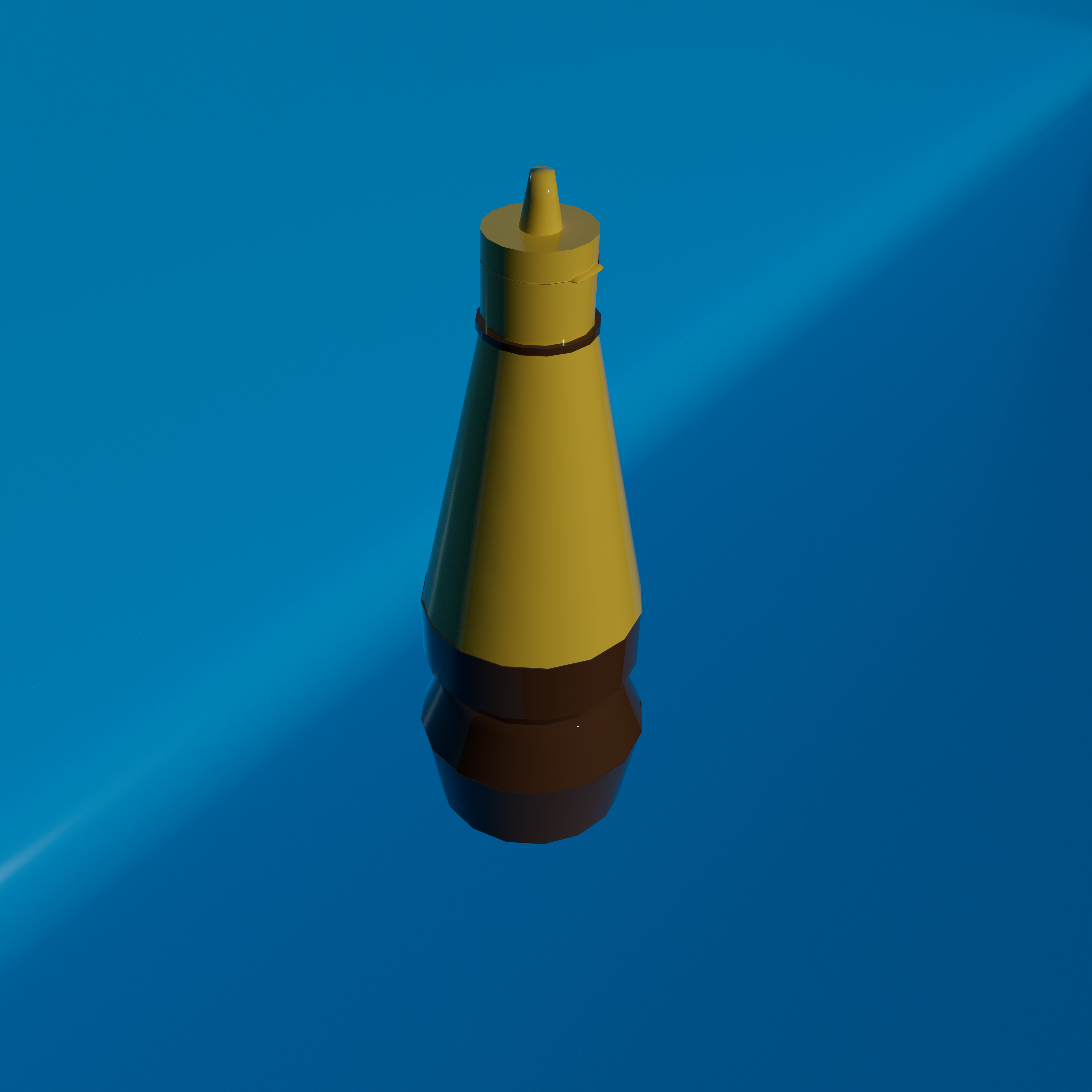 An upper view image of the soy sauce bottle as a rendered 3D model with colour and a blue background
