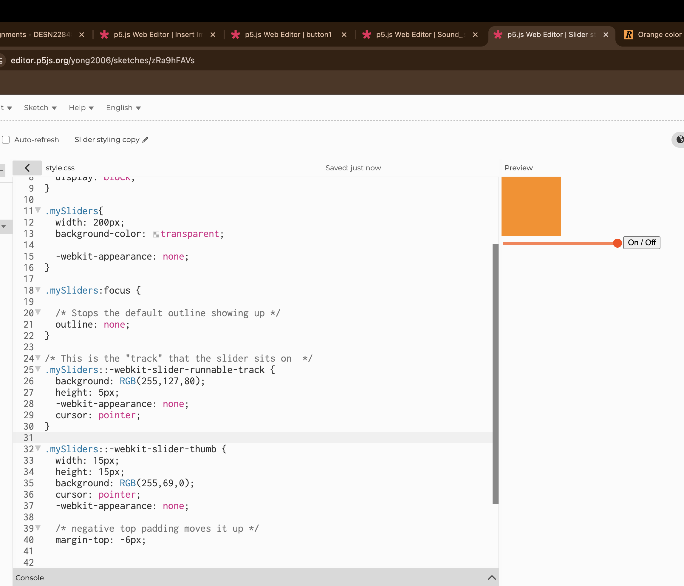 I wanted to play with the slider function a bit more so I changed it's colour and its length.