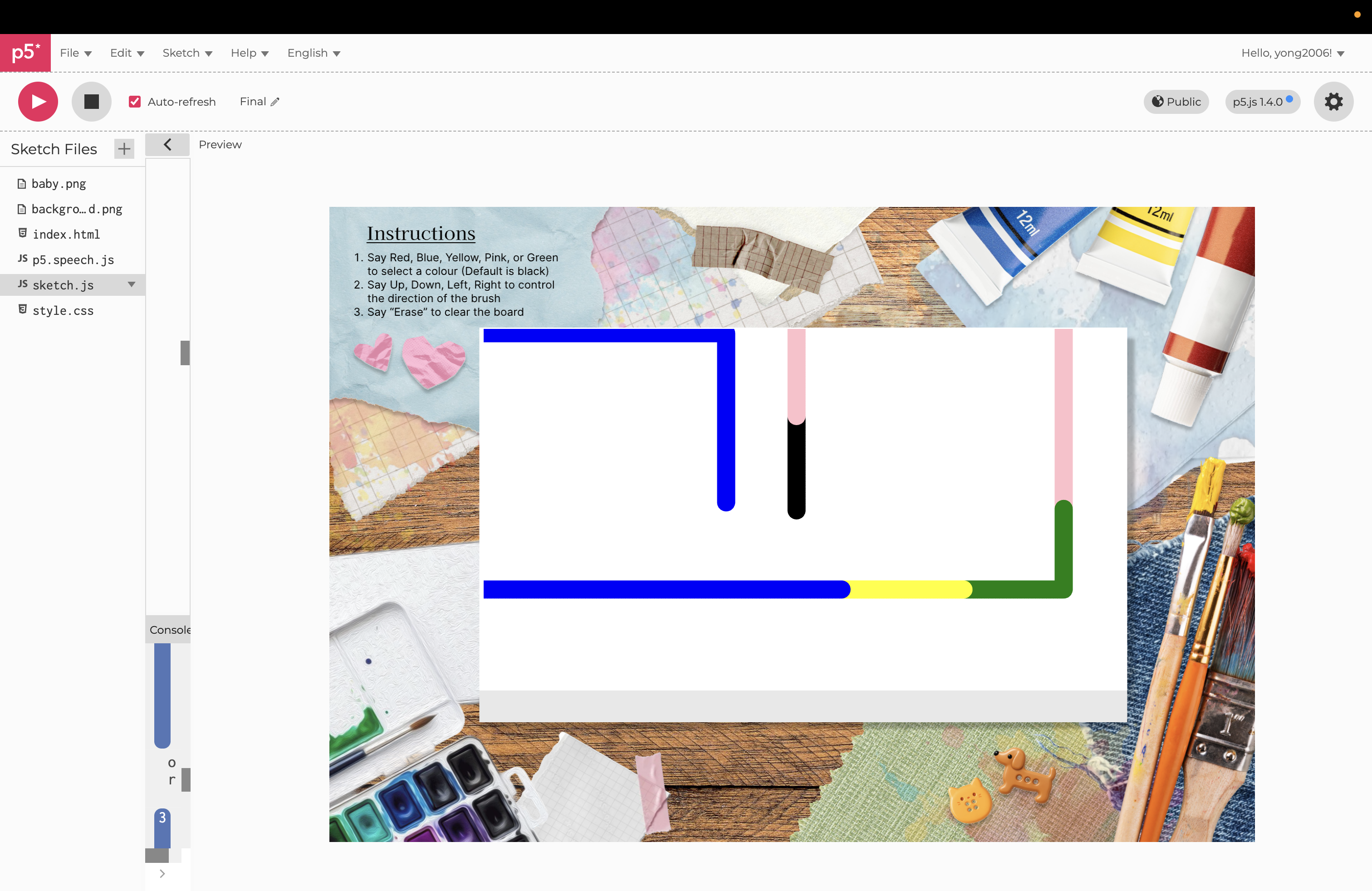 An audio voice synthesizer narrates the instructions for how my website works for accessibility. Users can then direct the brush using voice commands like 'up', 'down', 'left', and 'right'. Users can also change the colour of the brush from red, blue, yellow, pink, or green. 