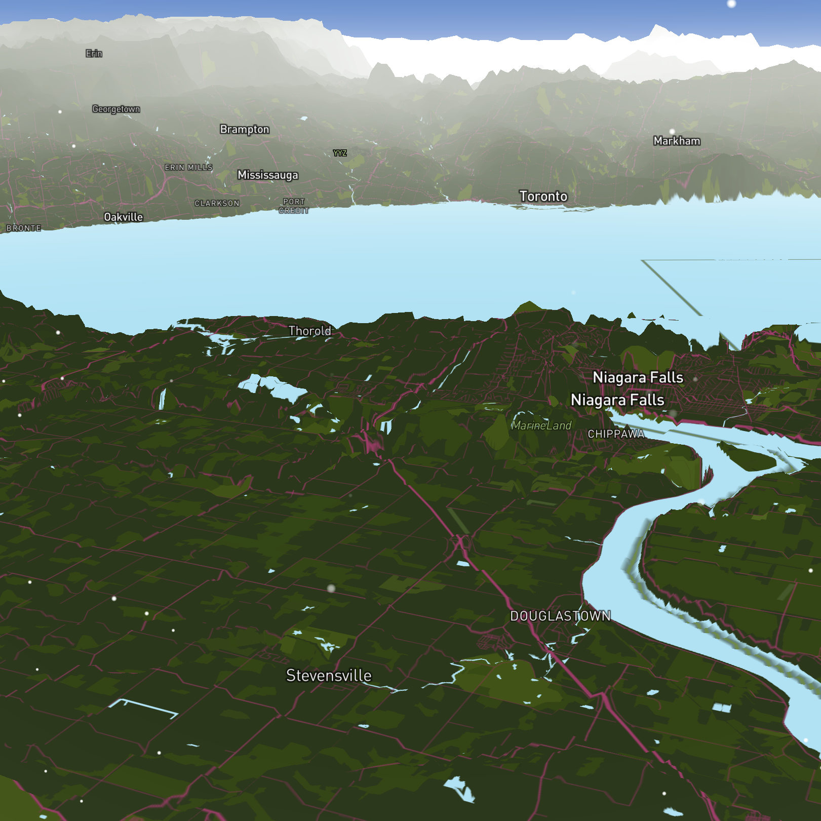 This is Niagara Falls with a more natural colour pallete. I like how this view shows both Toronto and Niagara Falls.