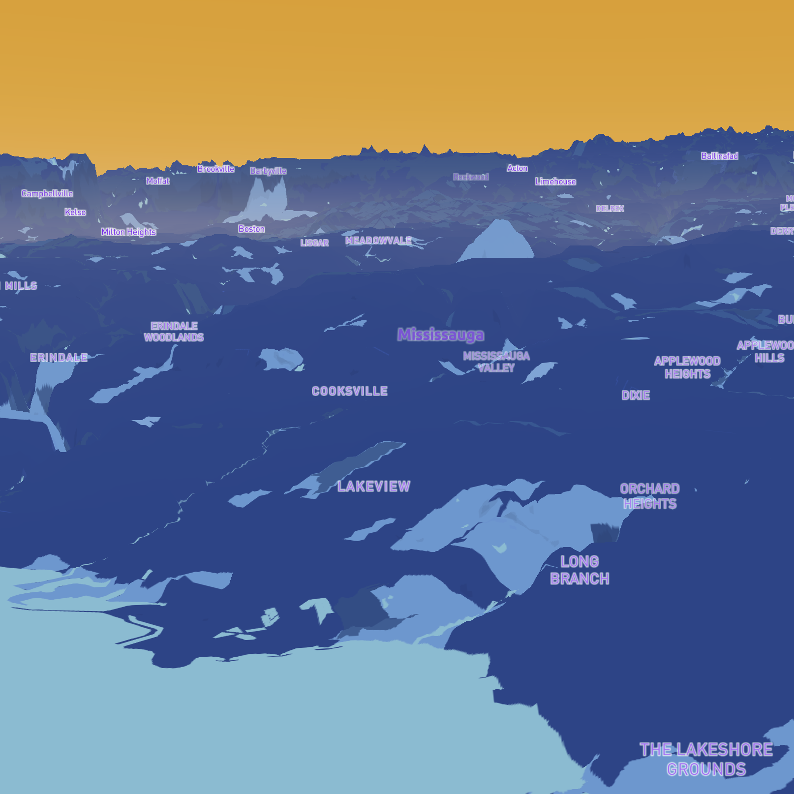 I was finally able to figure out how to give the map proper depth. The map is overlooking Mississauga which is the city I grew up in.