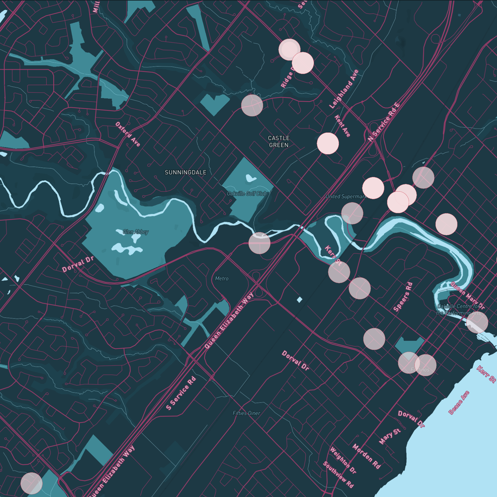 These are coyote sightings in Oakville as data driven circles