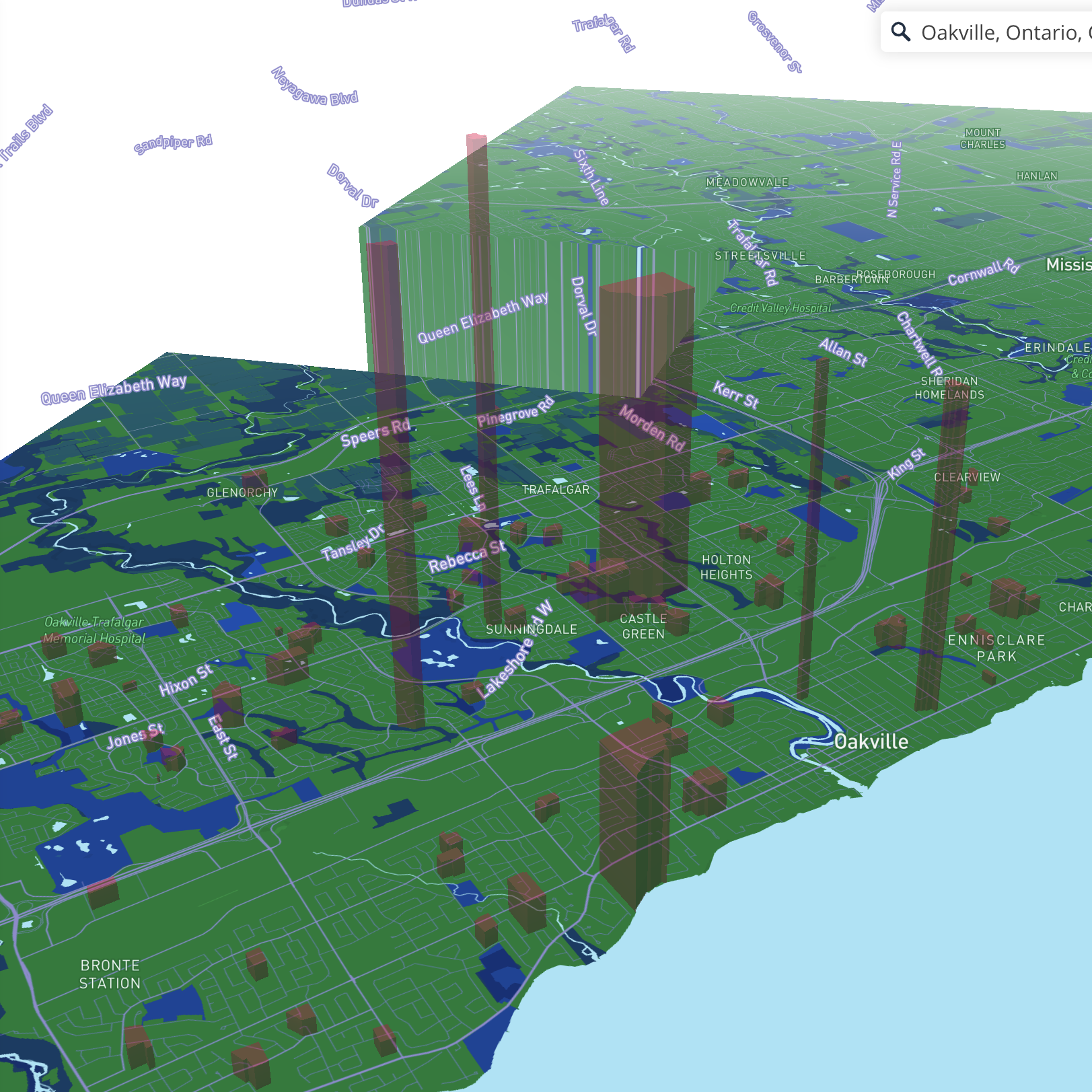 These are the school districts in Oakville as 3D extrusions, this made the site very laggy though