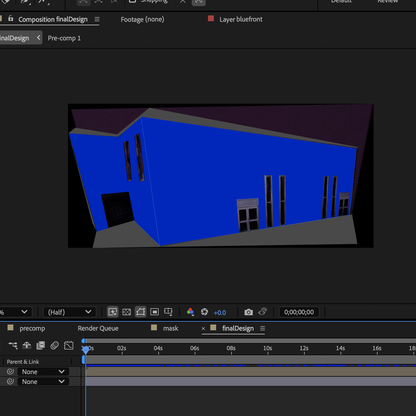 This is the result of subtracting the images inside each box, the blue panels now reveal the doors and windows behind them