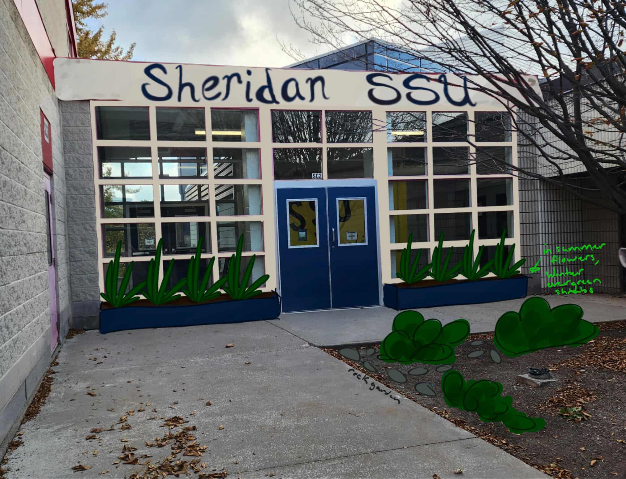 This is the redesign that my group decided on. It utilizes the signature colours of Sheridan which consists of blues and whites. Not only does this make the colour pallete more cohesive with the door but also makes the area look more welcoming.There is a large and clear sign that informs people of what this entrance is. My group also added greenery around the entrance so the area wouldn't look so empty and grey.