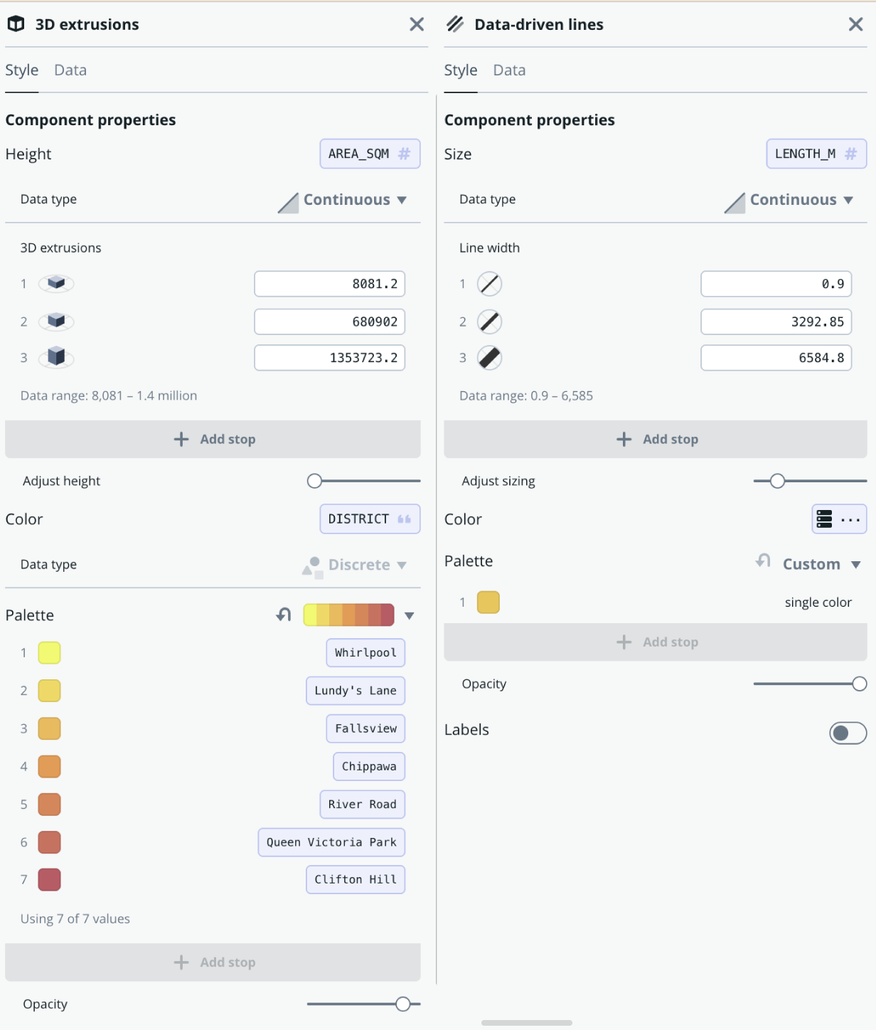 This is the legend for my map. For the 3D extrusion the colour determines what each tourist district is called and the height of extrusion determines how large each area is compared to one another. The data driven lines represent the road infrastructure in Niagara Falls and the thicker the line the longer the road is.