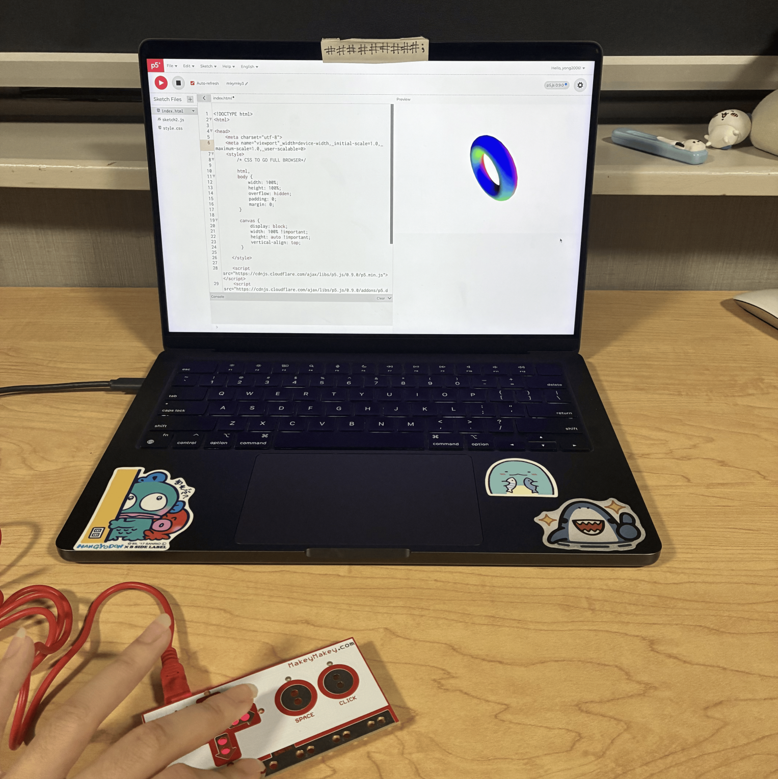 This was the fourth sketch where the user can change the direction and perspective of the camera that is viewing the 3D torus and the plane underneath it by clicking the arrow buttons on the Makey Makey. I removed the plane underneath the torus and clicked the down arrow to push the perspective further back for a more clear view of the torus. 