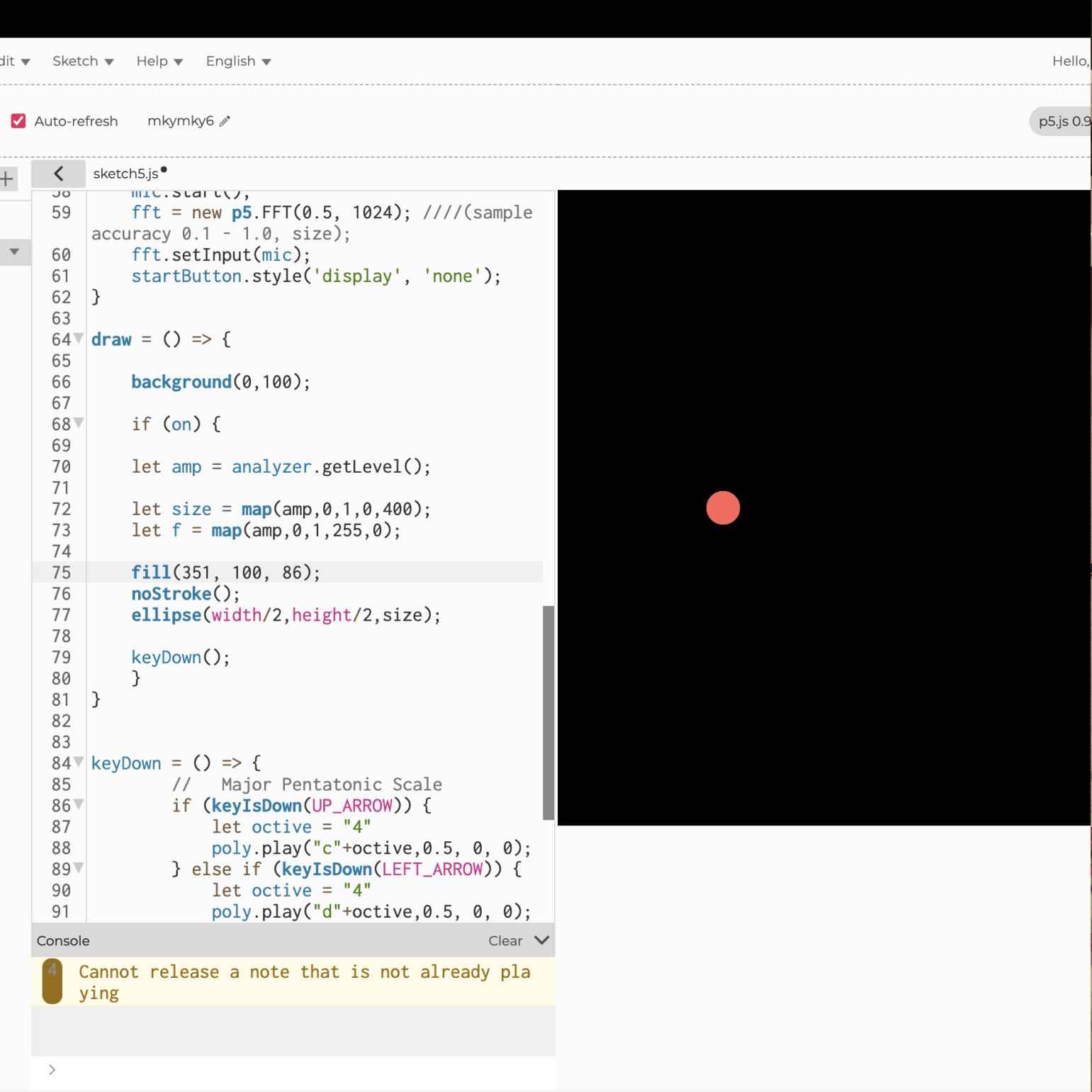 This was the sixth sketch where the user can click a button and be led to a page where they can click the arrow buttons on the Makey Makey to make different vibrating noises. Depending on the length of time the arrows are held the circle and sound will become larger and louder. I changed the placement, size, and colour of the circle.