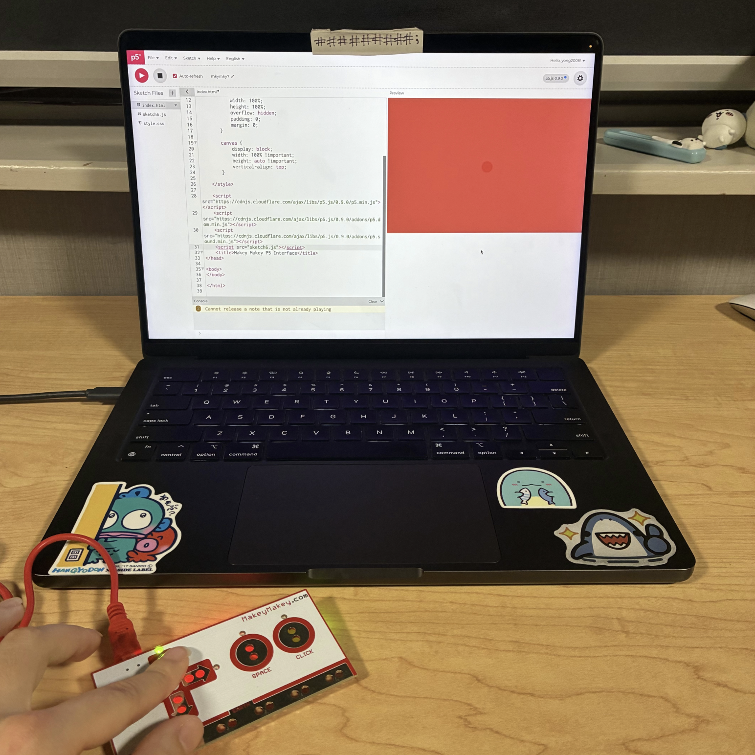 This was the seventh sketch where the user can click a button and be led to a page where they can click the arrow buttons on the Makey Makey to make different vibrating noises. Depending on the length of time the arrows are held the circle and sound will become larger and louder and the colours of the shape and background will change.I changed the size of the circle and continued to hold the up arrow until it changed to a different colour.