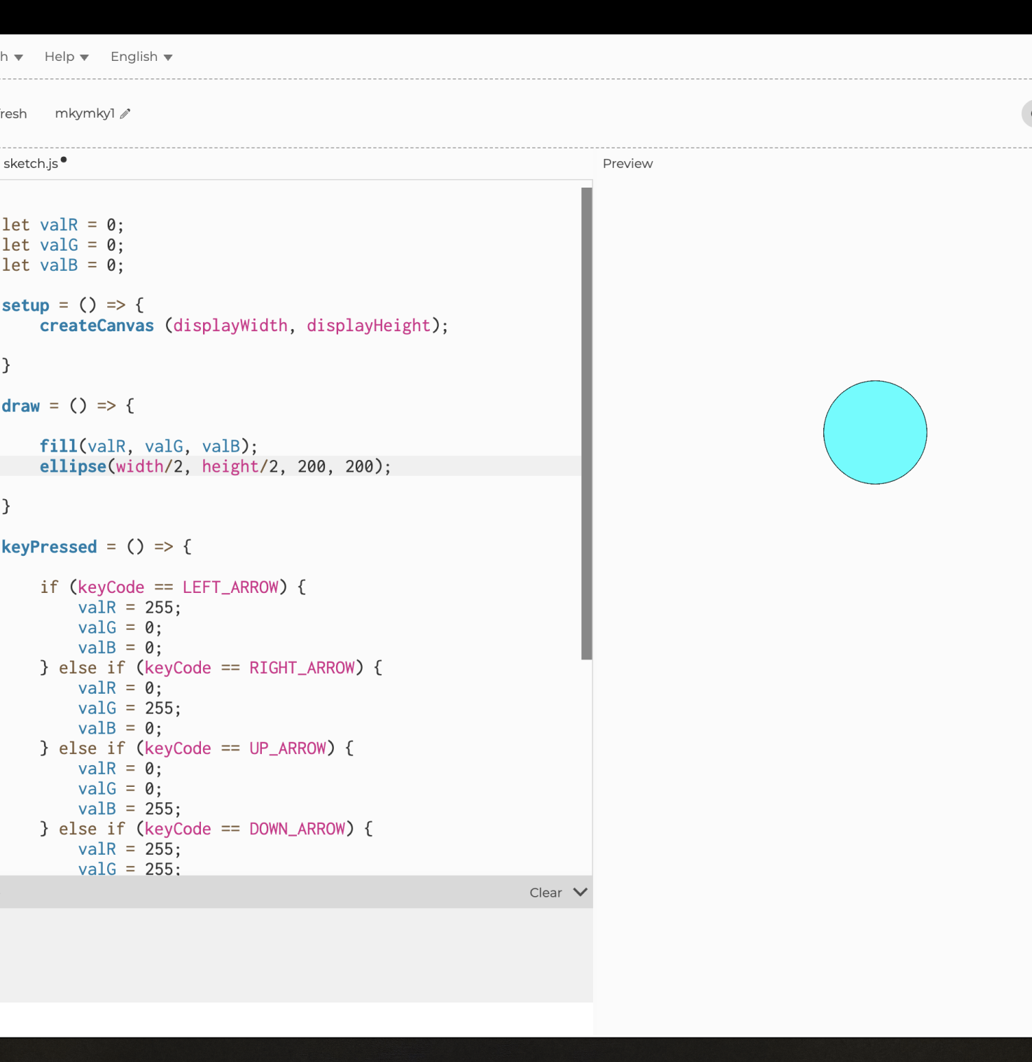 This was the first sketch where the user can change the colour of the square by clicking the arrow buttons, space button, and the 'click' button on the Makey Makey. I changed the original shape to a circle and I clicked the space button on the Makey Makey to make the circle appear cyan.