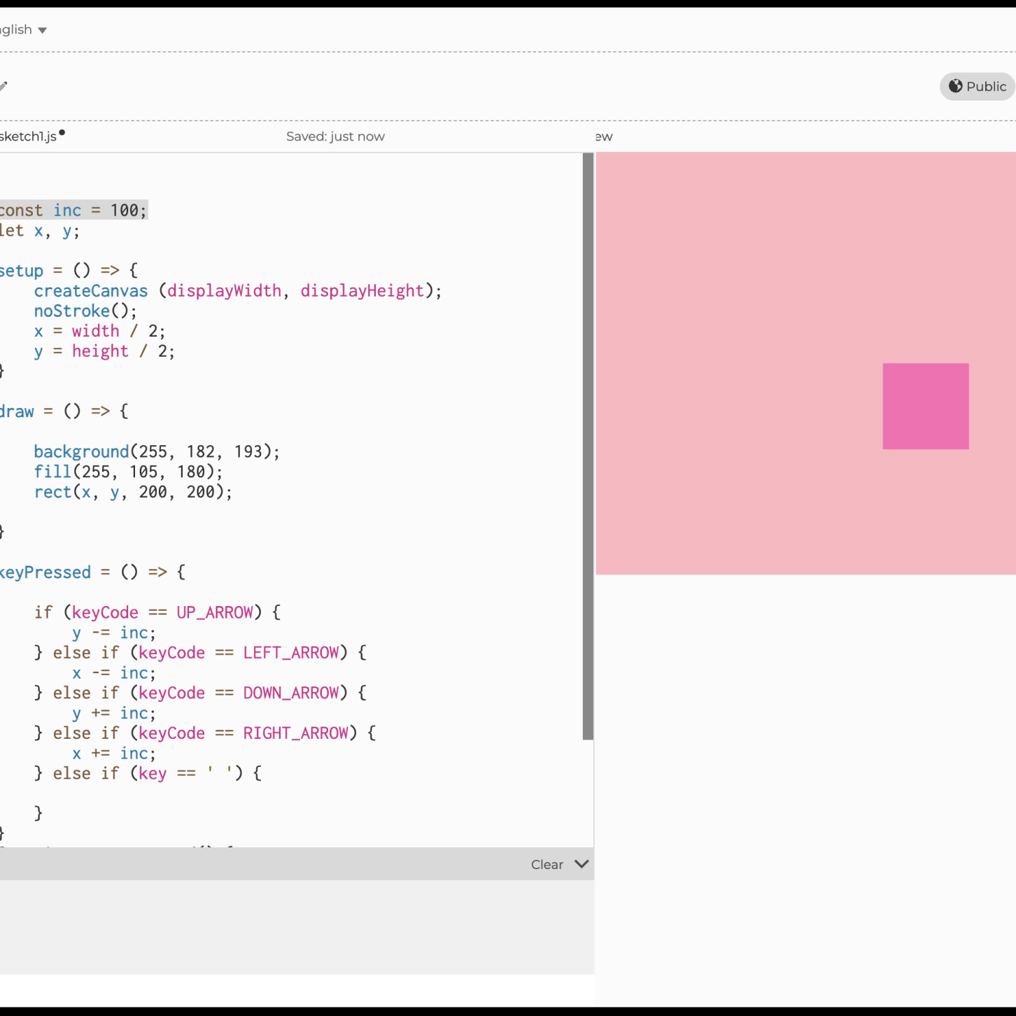 This was the second sketch where the user can move the circle around the canvas by clicking the arrow buttons on the Makey Makey. I changed the circle to be a square and then I changed the distance that the square travelled around the canvas when the buttons are pressed. I did this by editing the 'const inc =' in the code.