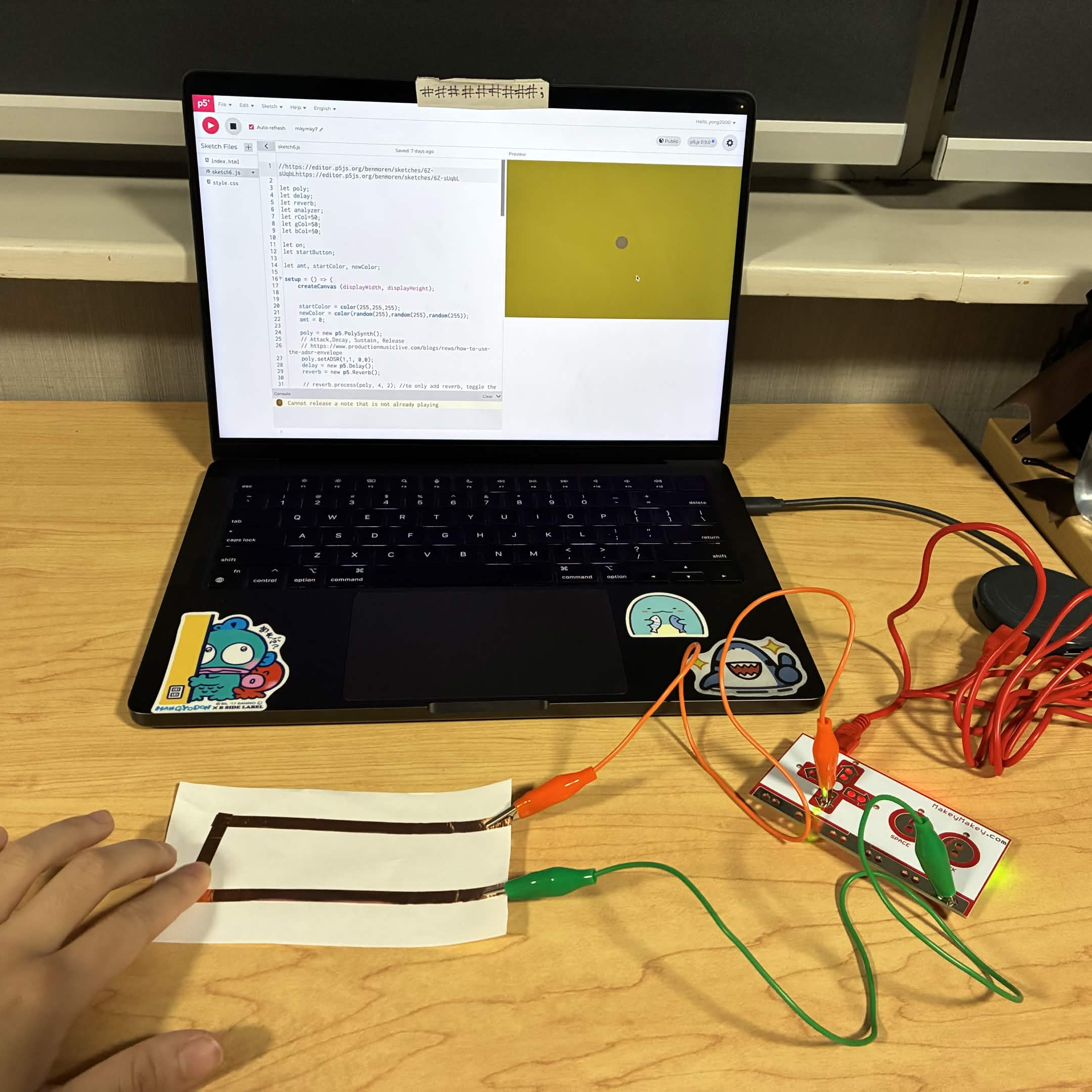 I followed Steve's tutorial and created a simple circuit to connect a physical component with the Makey Makey. I'm using the seventh sketch from the first activity to test how different circuits function.